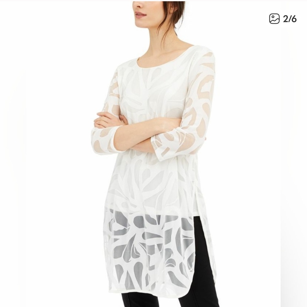 Alfani Women's Super Tunic Sheer 3/4 Sleeve Knit Top White Size M
